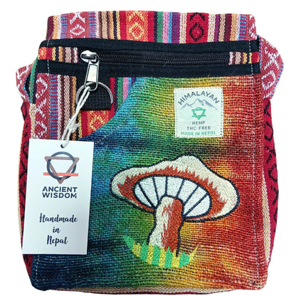 Alt Tag: Broderad party bag i hampa & bomull – Orange Mushrooms, väska i hampa och bomull med broderade orangea svampar och dragkedja