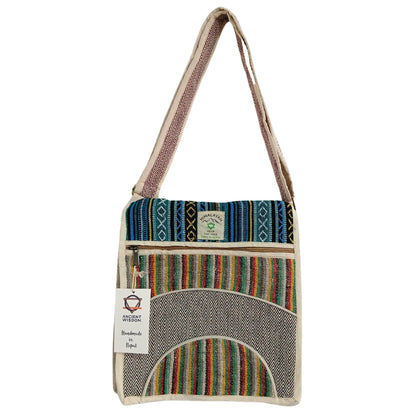 Laptop-messengerväska i hampa & bomull – Curves Edition, crossbody-axelväska med böjd framficka och vävd randig canvaspanel