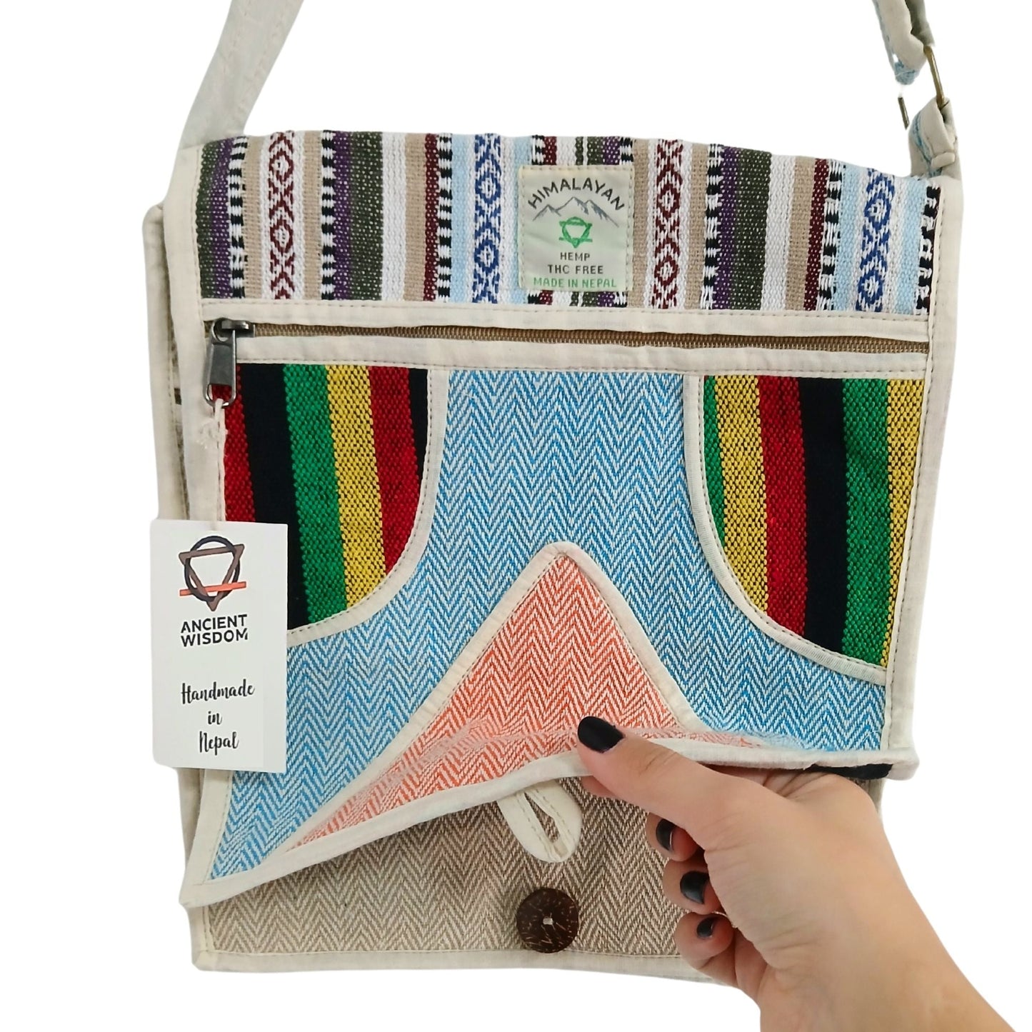 Laptop-messengerbag i hampa & bomull – Triangle-design med geometriskt lock, färgglada vävda ränder och justerbar axelrem