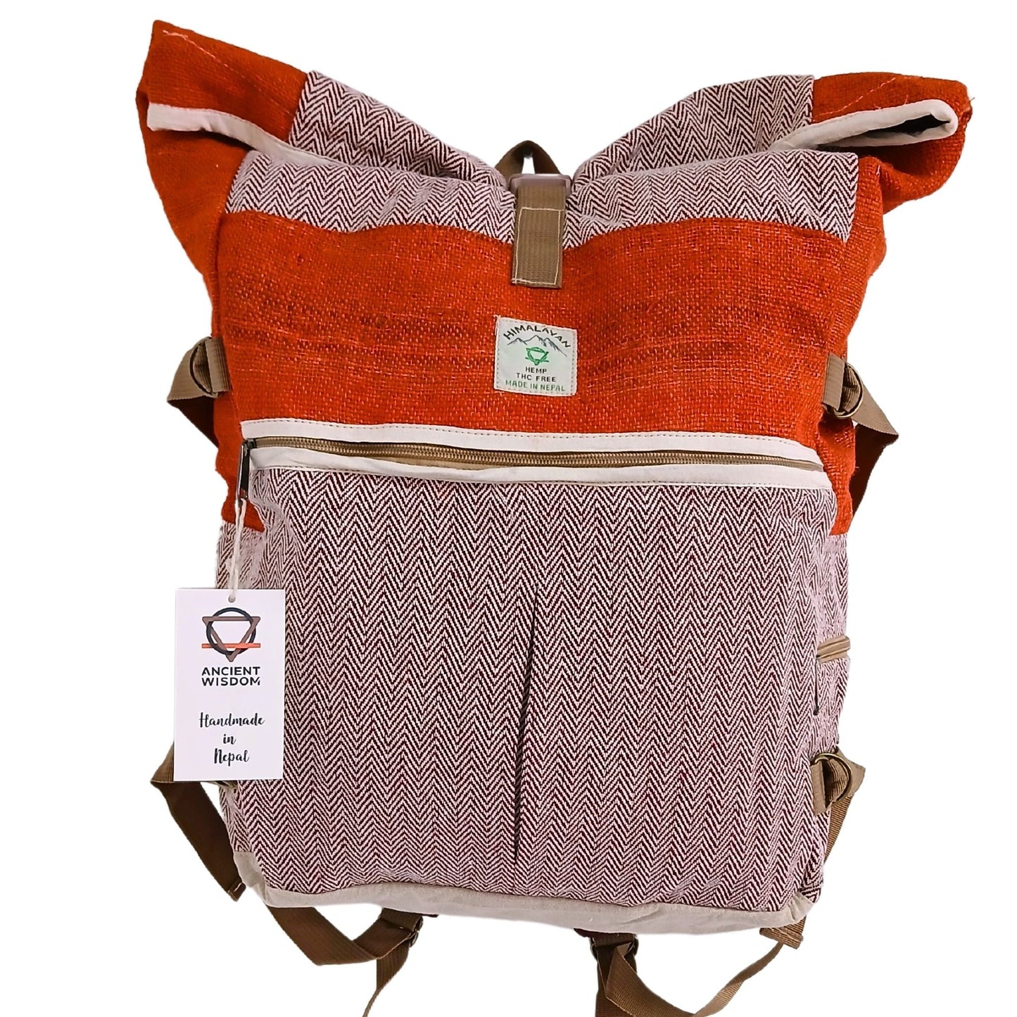 Alt Tag: Hemp Trekking Rolling Backpack – Sunset Orange mochila de cáñamo y algodón en color naranja, vista frontal con bolsillo y cremalleras