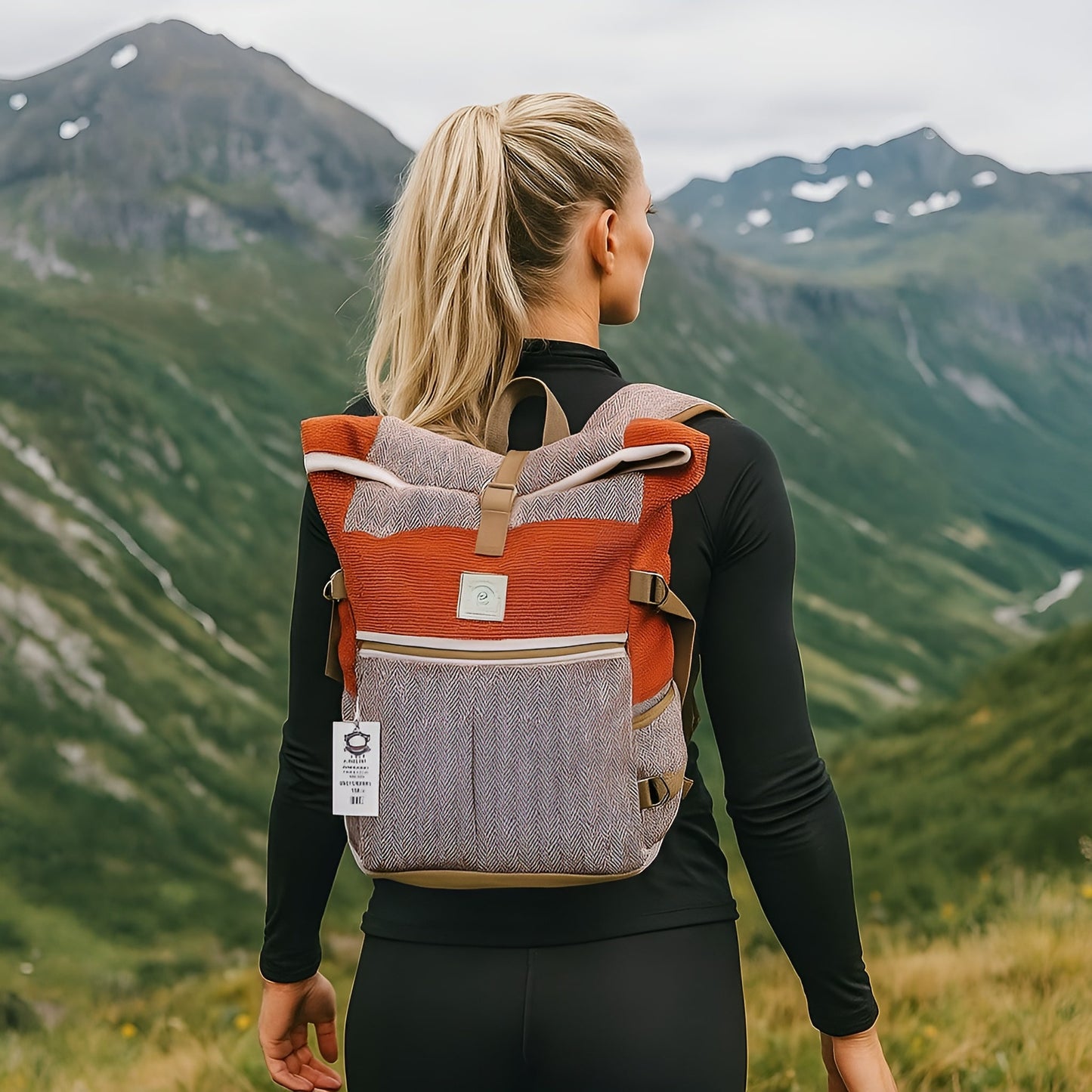 Alt Tag: Hemp Trekking Rolling Backpack – Sunset Orange en espalda de excursionista con paisaje de montaña