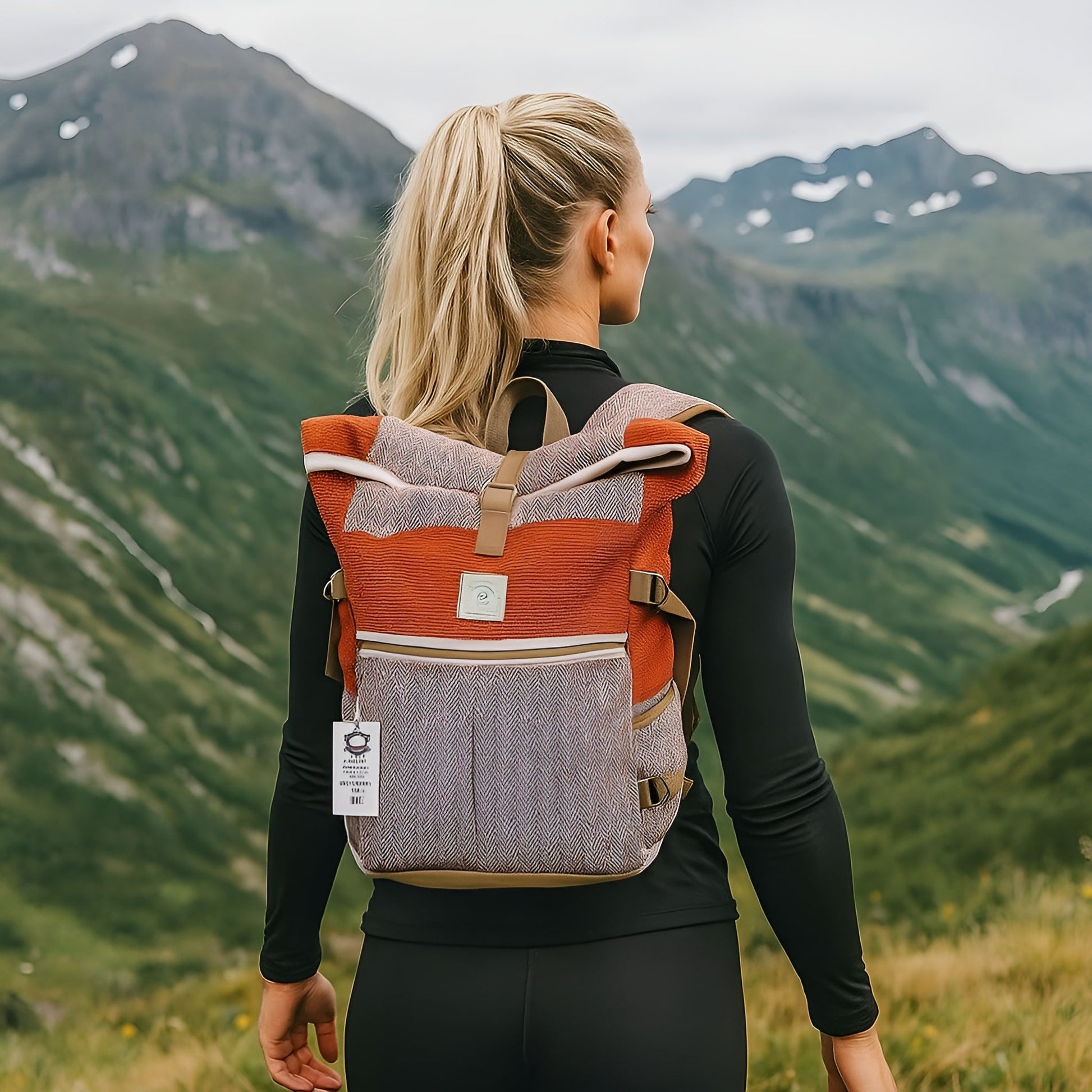 Alt Tag: Hemp Trekking Rolling Backpack – Sunset Orange en espalda de excursionista con paisaje de montaña