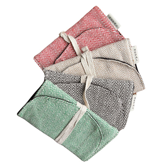 Alt Tag: Hemp Wrap Pouch – Phone, Make-up & Anything (Assorted), handmade hemp & cotton wrap-and-tie pouch set in assorted colors