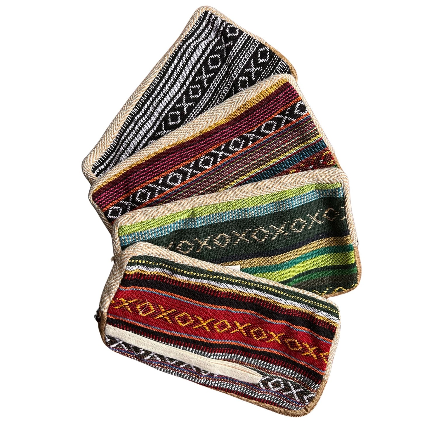 Alt Tag: Hemp Zip Pouch – Phone, Make-up & Anything (Assorted), bolso pequeño de cáñamo con cremallera, patrones tejidos surtidos, vista frontal