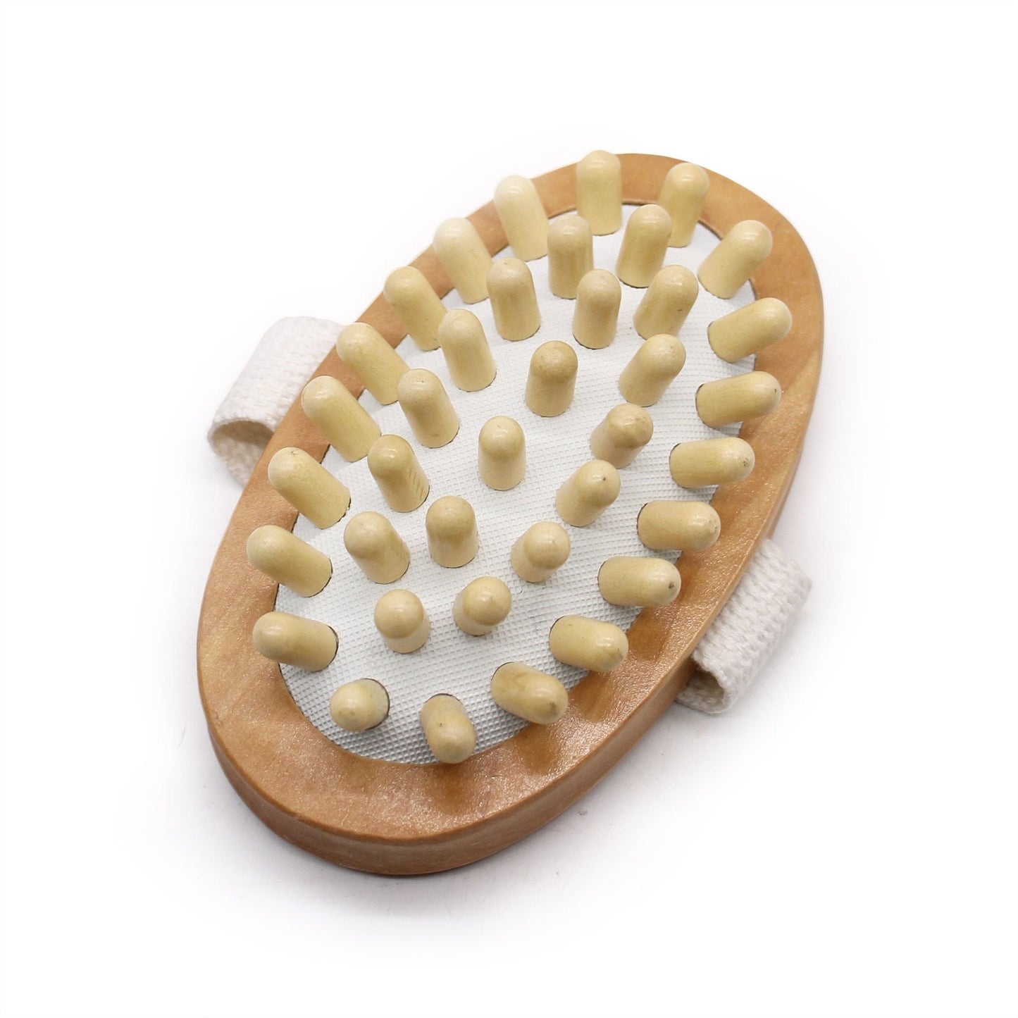 Alt Tag: Hemu Wood Massager – 11x3 CM oval wooden handheld body massager brush with rounded nubs and fabric hand strap
