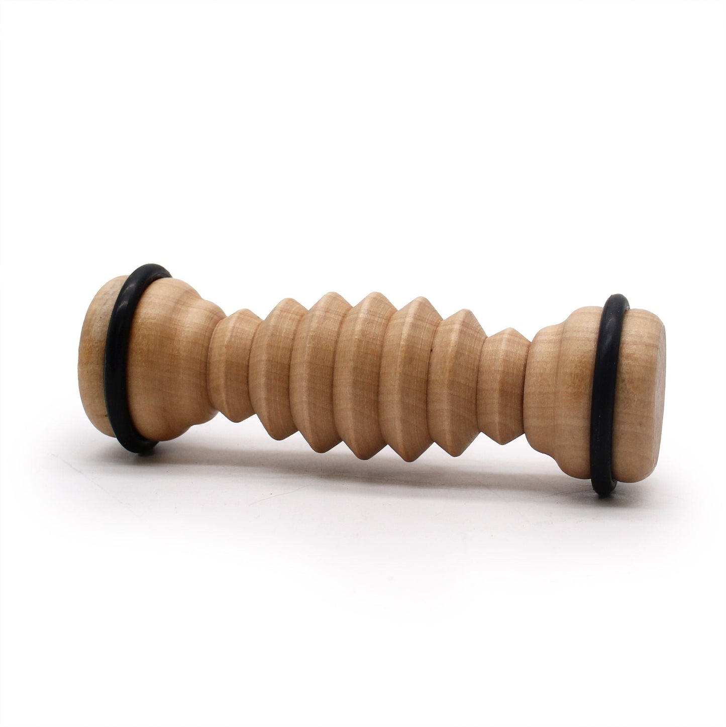 Hemu Wood Foot Massager – 14x4.5 CM wooden foot roller with ridged design and rubber grip rings, product on white background