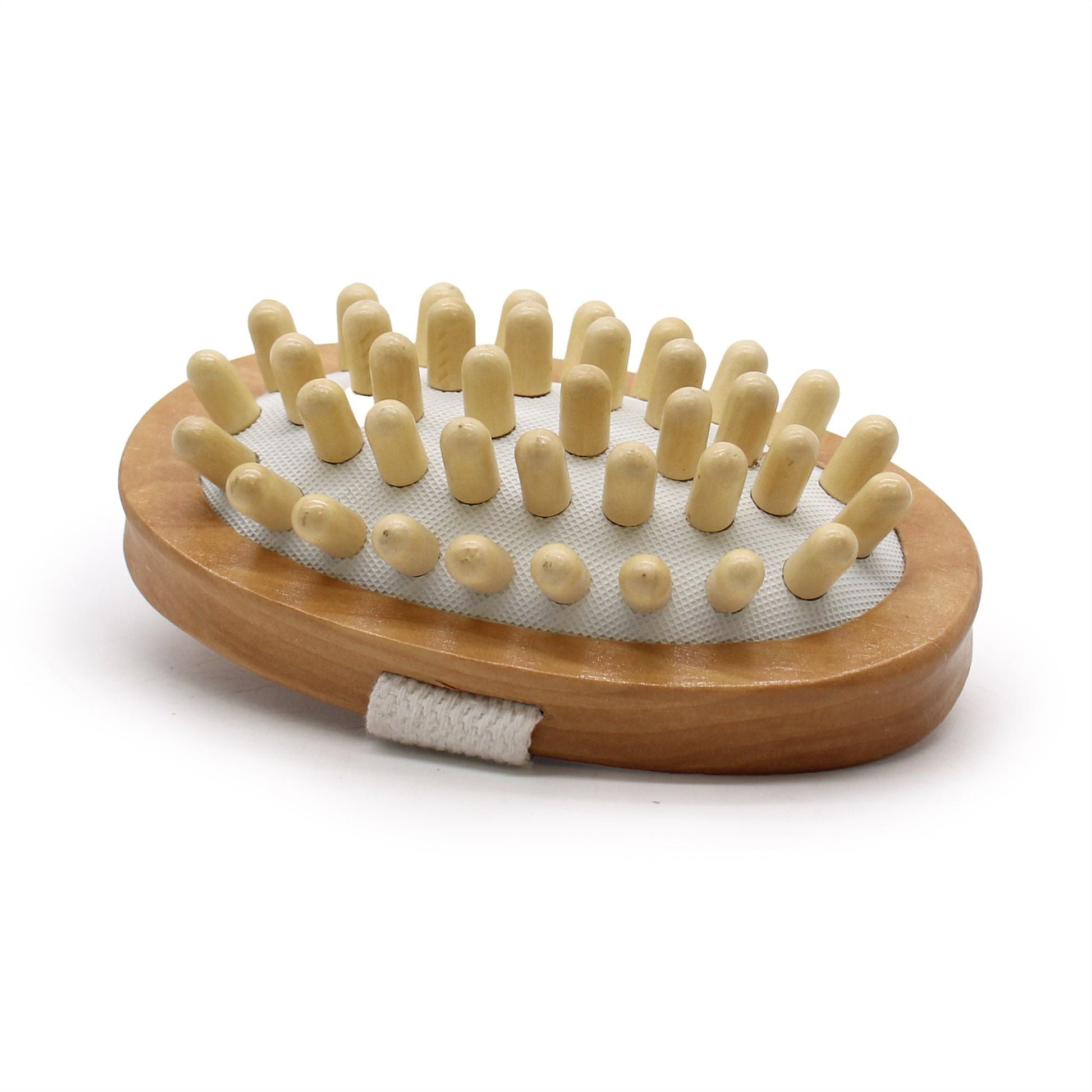 Hemu Wood Massager – 11x3 CM wooden handheld body massager with rounded pegs and fabric hand strap, oval design