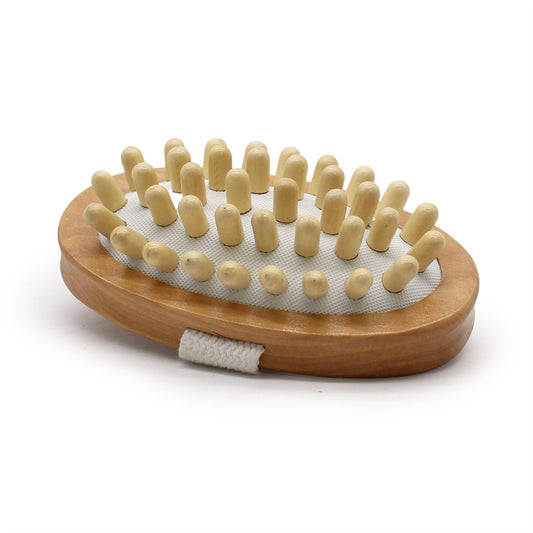 Hemu Wood Massager – 11x3 CM wooden handheld body massager with rounded pegs and fabric hand strap, oval design