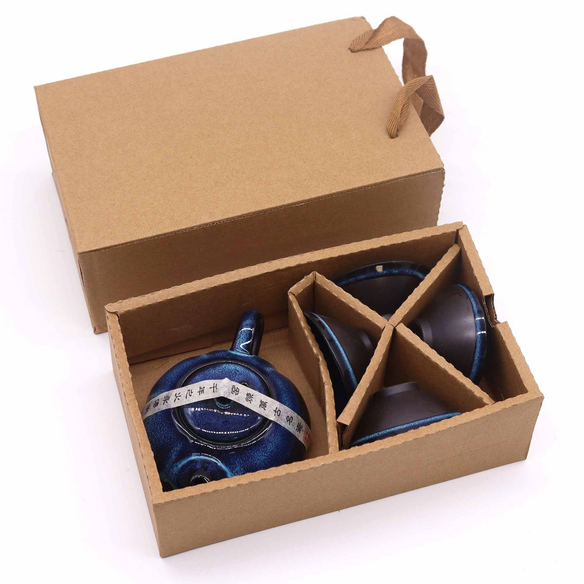 Herbal Blues Teapot Set – Pot & Four Cups in gift box packaging with blue ceramic teapot and four matching cups