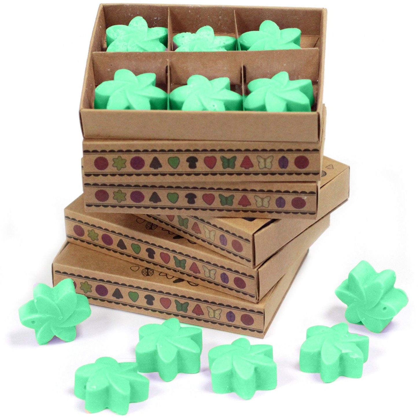 Soy & Palm Wax Melts Gift Set – Hidden Garden, green flower-shaped wax melts in kraft gift boxes