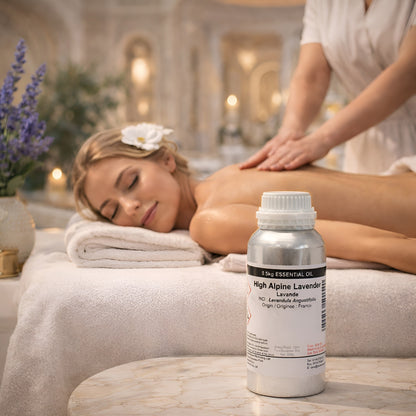 Lavender Essential Oil – 500G High Alpine bottle in spa setting with lavender and massage scene, Lavandula angustifolia from France