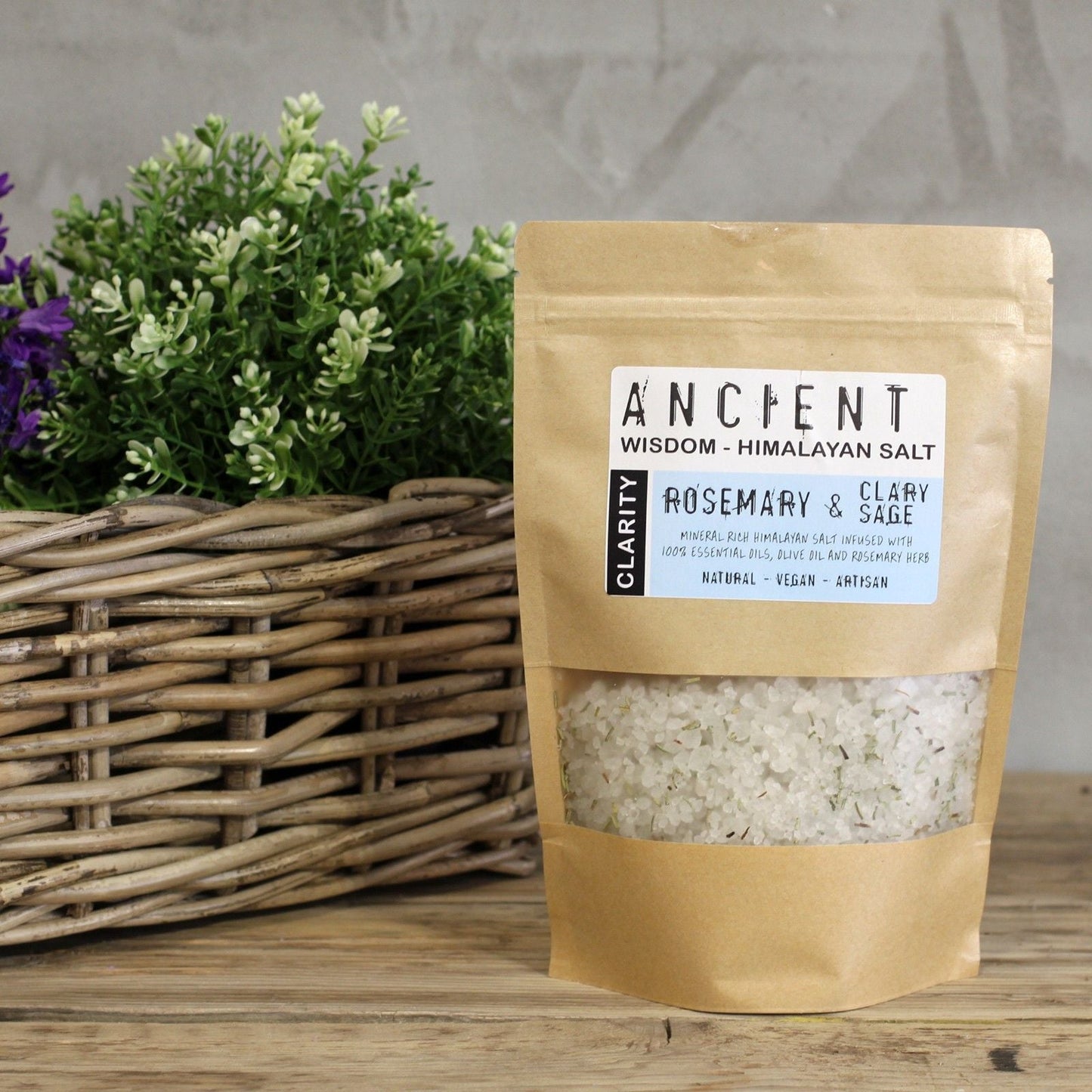 Himalayan Clarity Bath Salt Blend – 500G pouch with rosemary & clary sage label, Ancient Wisdom Himalayan salt crystals
