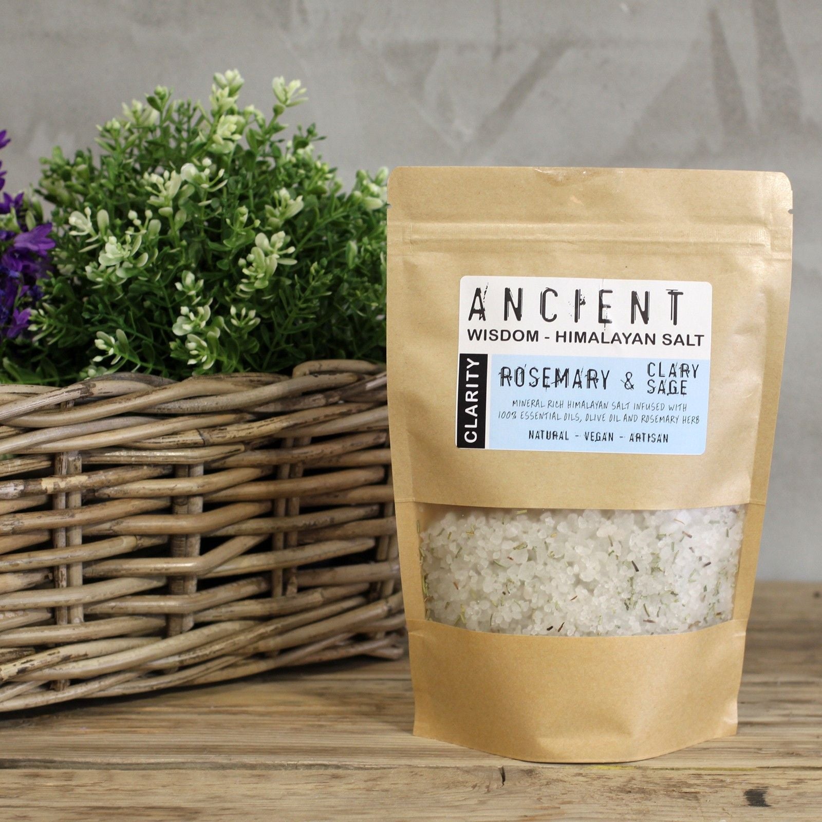 Himalayan Clarity Bath Salt Blend – 500G pouch with rosemary & clary sage label, Ancient Wisdom Himalayan salt crystals