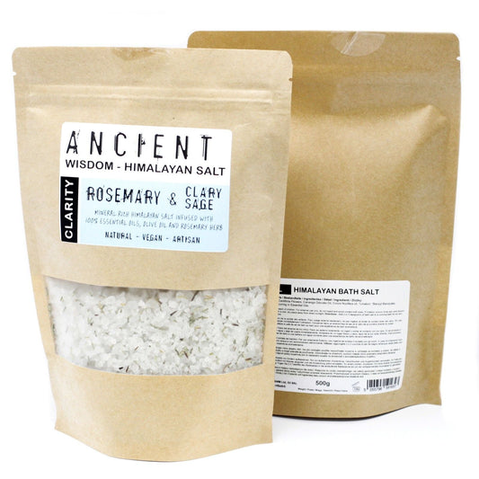 Alt Tag: Mezcla de Sales de Baño Himalayan Clarity – bolsa de 500G de sales de baño del Himalaya con romero y salvia esclarea, 500 g