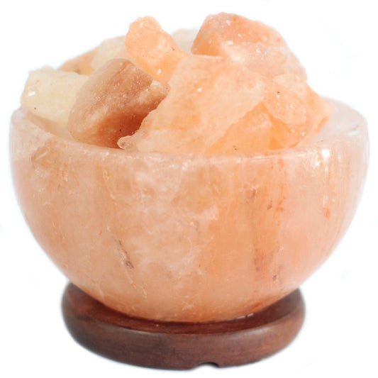 Alt Tag: Himalayan Crystal Salt Fire Bowl – 15CM x 9CM, pink salt bowl with rough crystals on wooden base, home decor accent