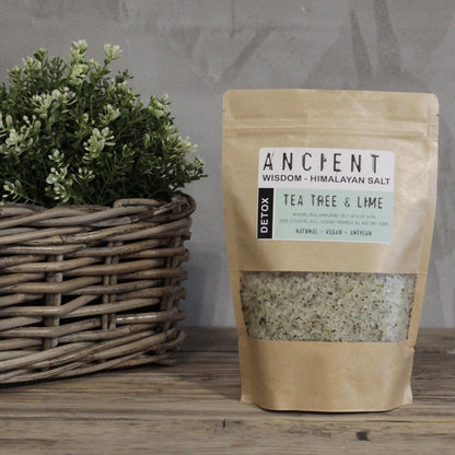 Himalayan Mineral Bath Salt – 500G Tea Tree & Lime bath salt in resealable pouch on wooden surface