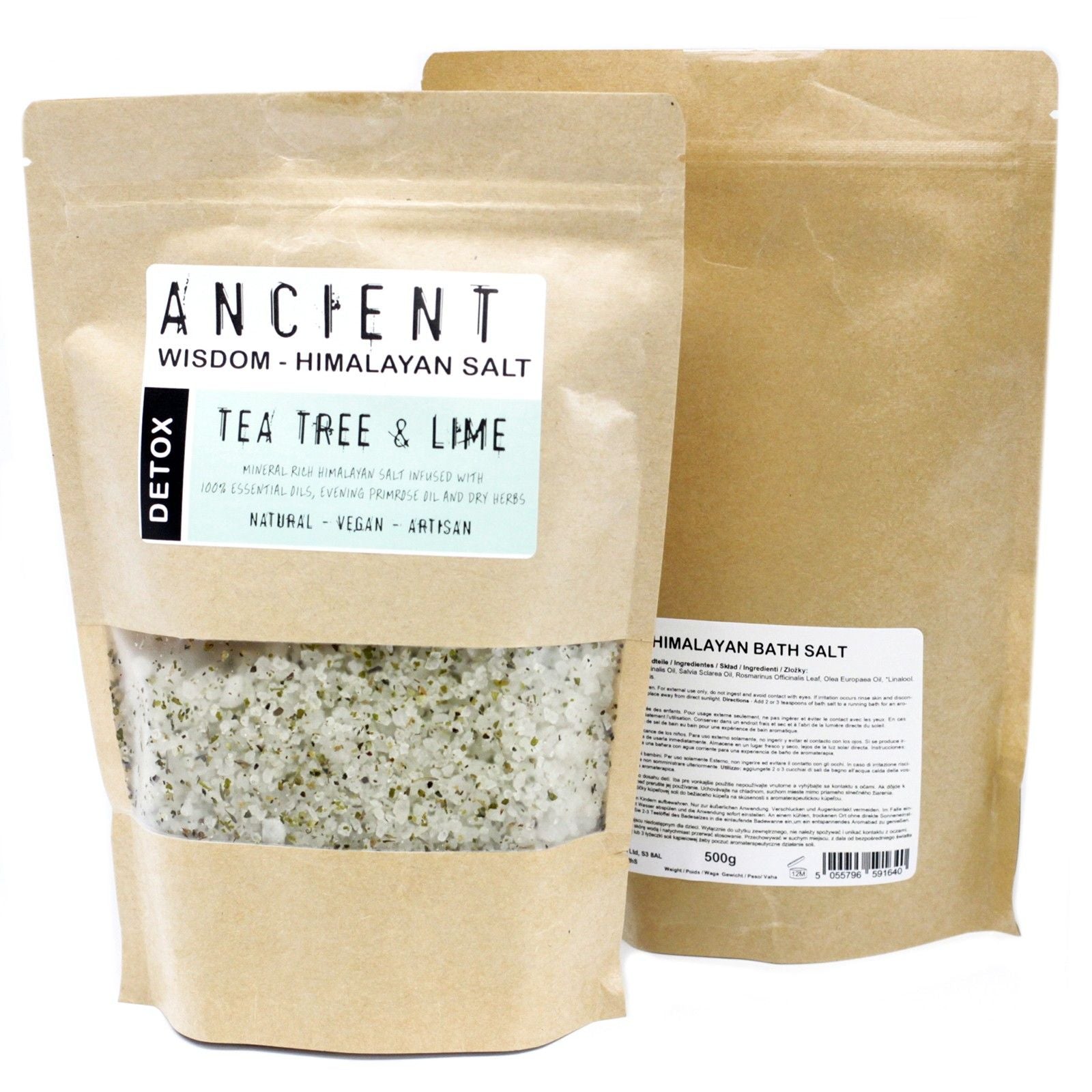 Himalayan Mineral Bath Salt – 500G Ancient Wisdom Tea Tree & Lime, bolsa doypack de sal de baño del Himalaya 500 g