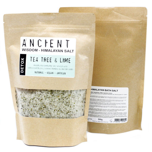 Sal de baño mineral del Himalaya – 500G Ancient Wisdom Tea Tree & Lime, bolsa doypack de sal de baño del Himalaya 500 g