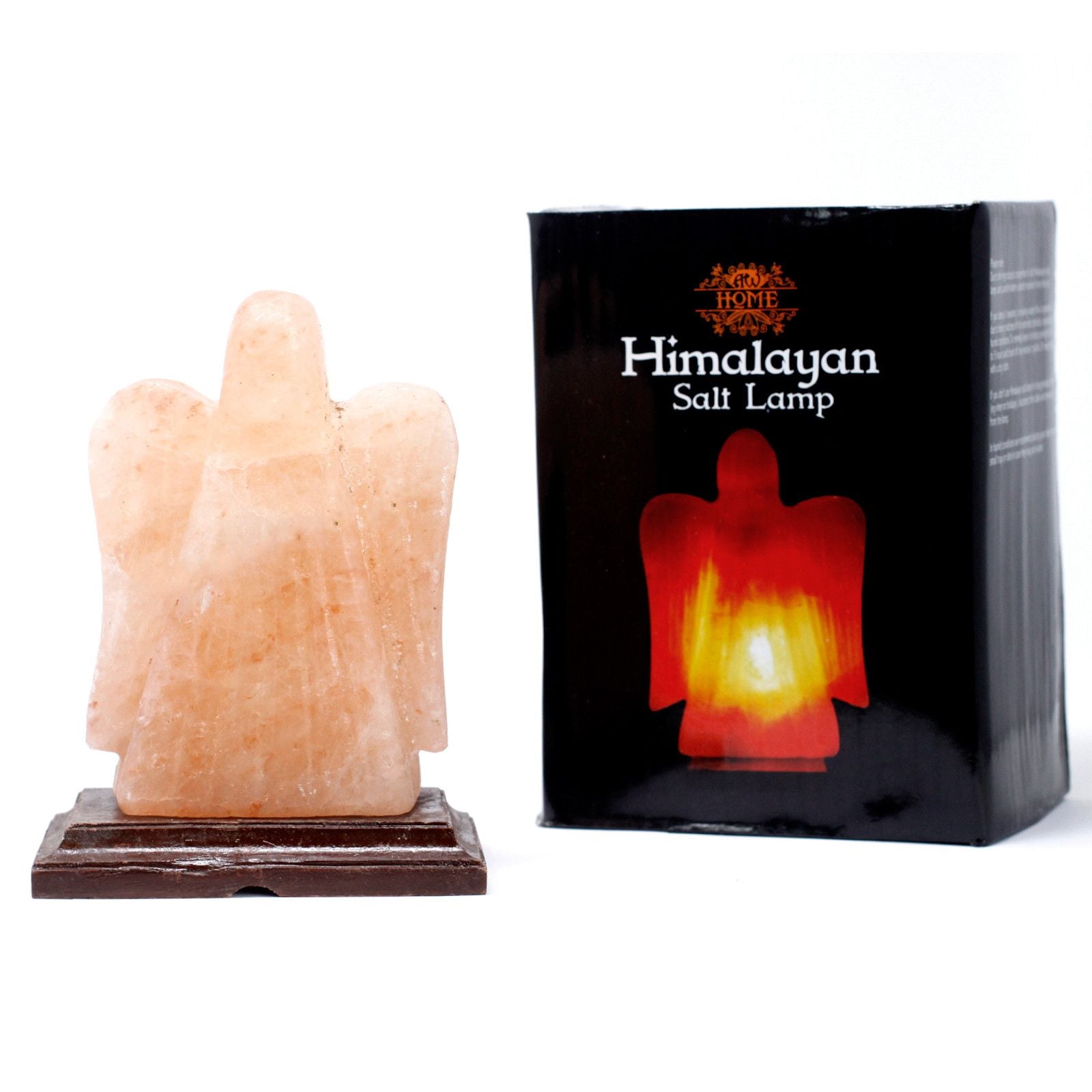 Alt Tag: Himalayasaltfigur – Ängelform (8 × 13 × 18 cm) handskuren ängellampa i Himalayasaltkristall på träbas med förpackningsbox
