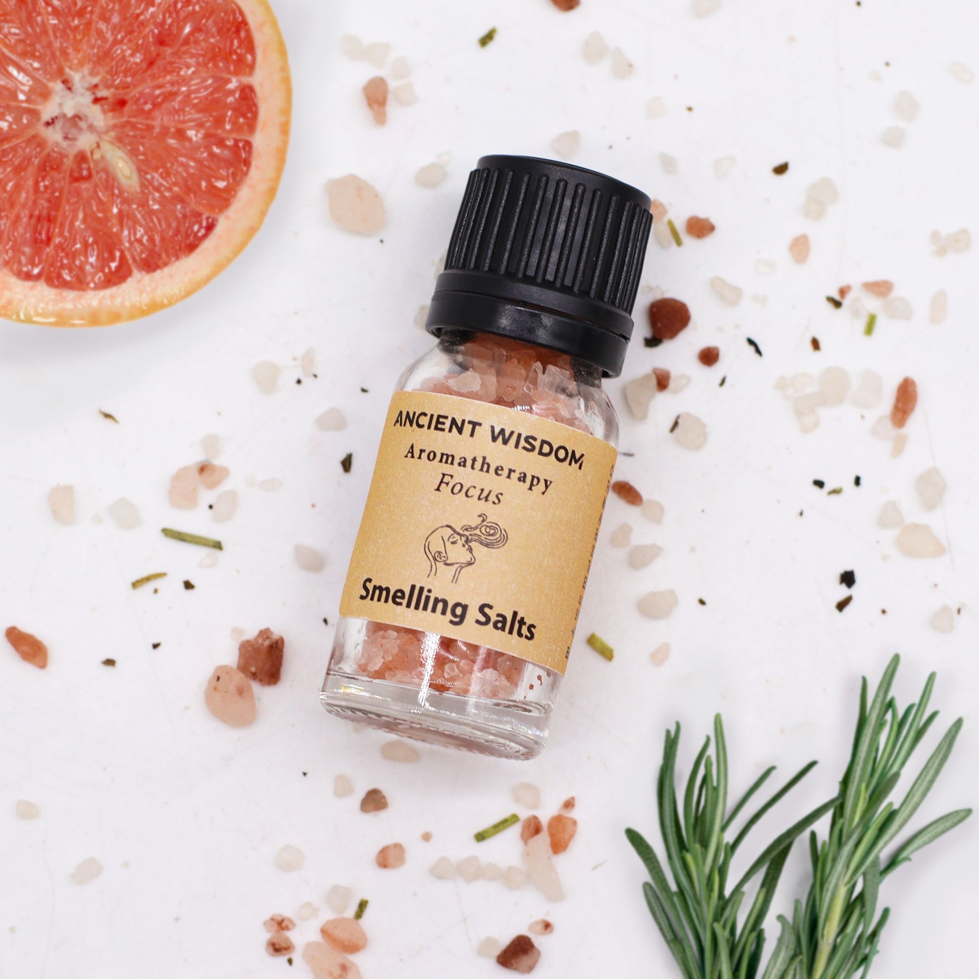 Alt Tag: Himalayan Salt Aromaaroma Smelling Salt – Focus 42G bottle with Himalayan salt crystals, grapefruit slice and rosemary on white background