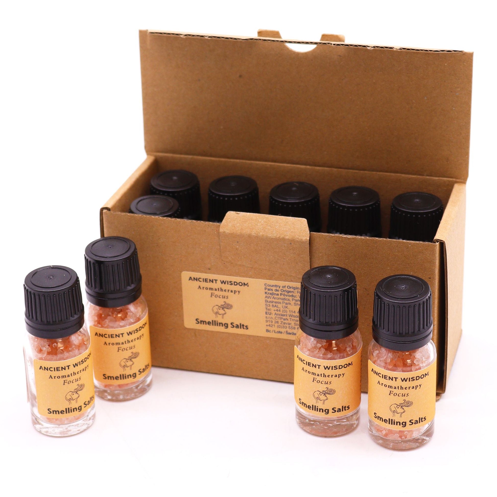 Himalayan Salt Aromaaroma Smelling Salt – Focus 42G set of amber bottles in cardboard box, Aromatherapy Focus smelling salts