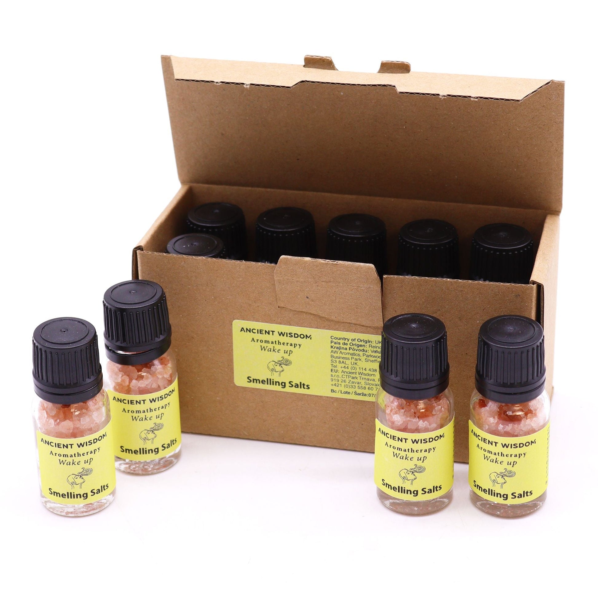 Himalayan Salt Aromarelax  Smelling Salts – Wake-Up Blend bottles and boxed set with black caps, aromatic salt blend