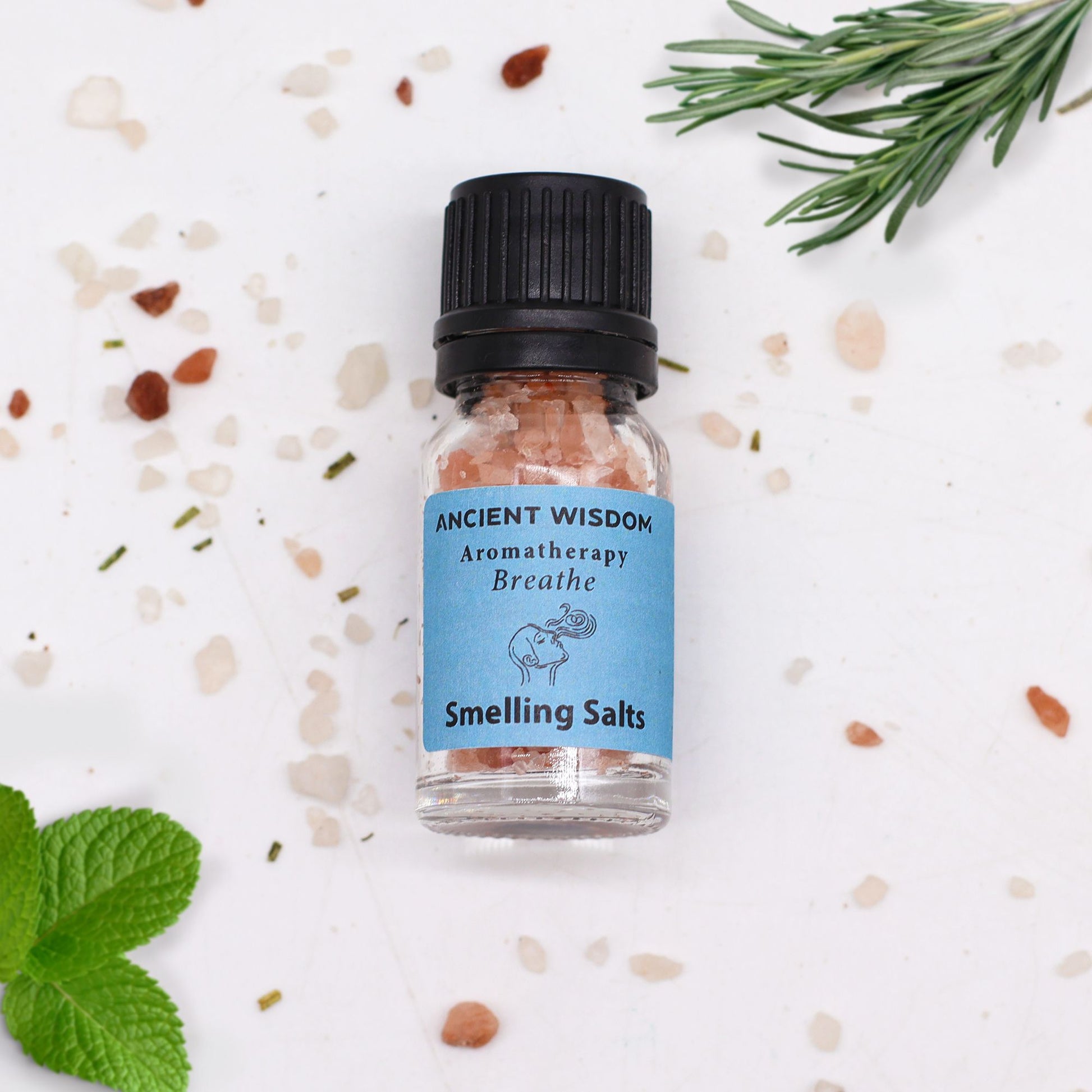 Himalayan Salt Aromatherapy – 6.2x2.4 CM smelling salts bottle with pink salt crystals, essential oil label, rosemary and mint on white background