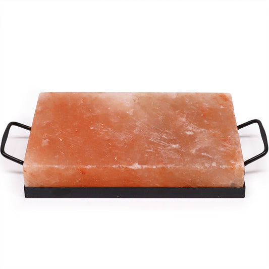 Alt Tag: Himalayan Salt BBQ Cooking Plate – 30 × 20 × 5 CM, rectangular pink salt grilling plate on black metal tray with handles