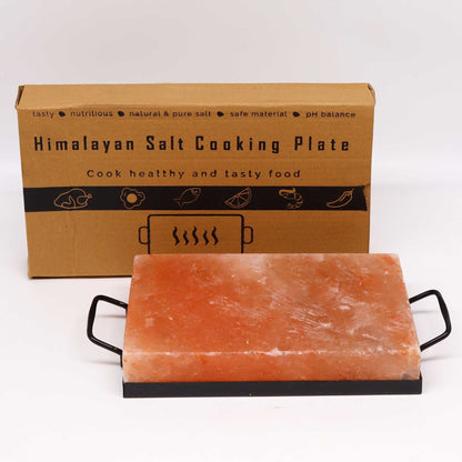 Himalayan Salt BBQ Cooking Plate – 30 × 20 × 5 CM on metal tray with handles, shown with product packaging
