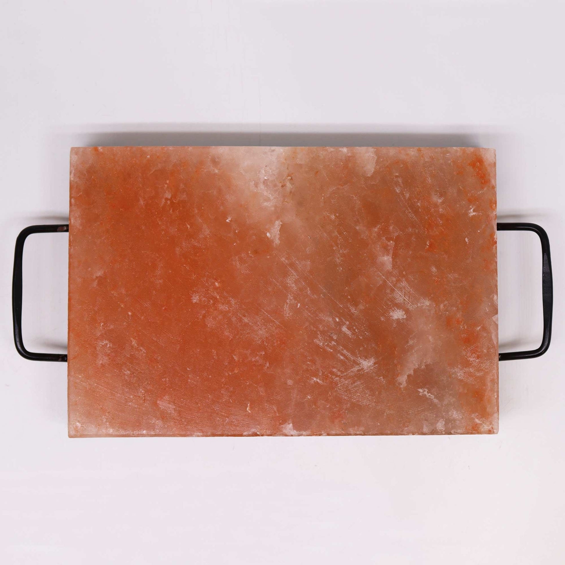 Alt Tag: Himalayan Salt BBQ Cooking Plate – 30 × 20 × 5 CM rectangular Himalayan salt grilling plate with metal handles, top view