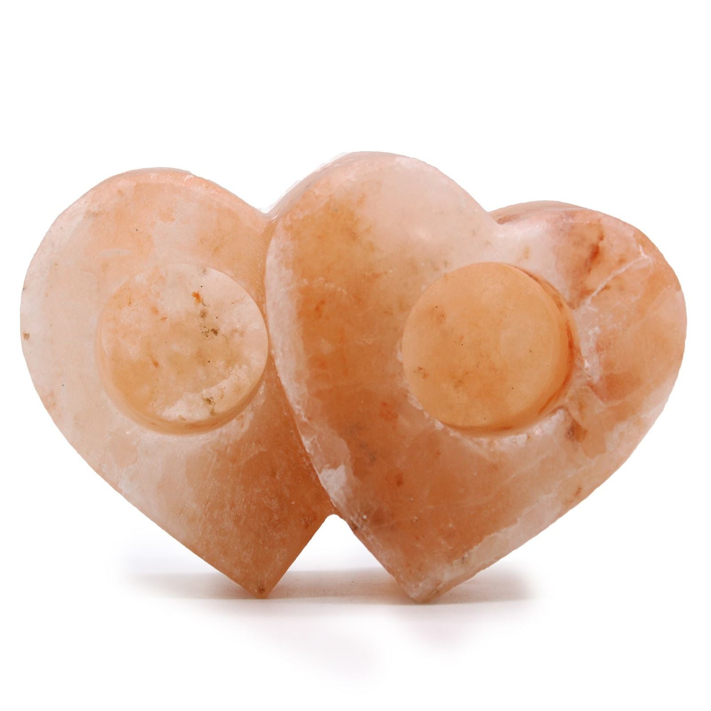 Alt Tag: Ljushållare i himalayasalt – Double Heart ljushållare för värmeljus i rosa salt, 15x10x5.5 cm, 1 kg