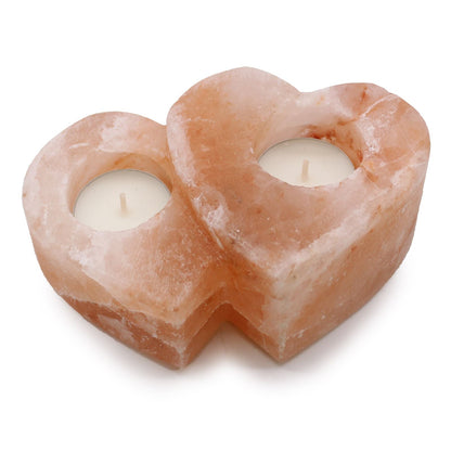 Himalayan Salt Candle Holder – Double Heart 1KG, rosa saltsvärmare i form av ett dubbelt hjärta för värmeljus med två ljushållare, 15x10x5.5 cm