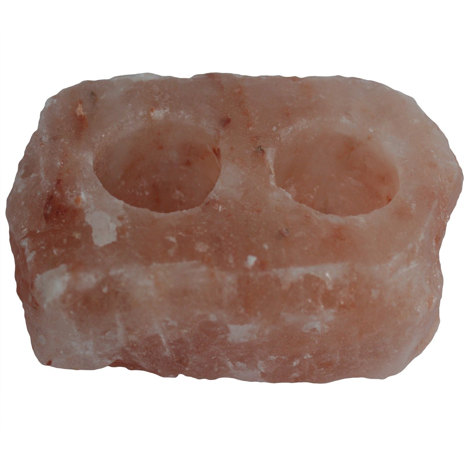 Portavelas de sal del Himalaya – Dual Tealight Delight portavelas artesanal de piedra de sal rosa tallada a mano con dos huecos para velas tipo tealight