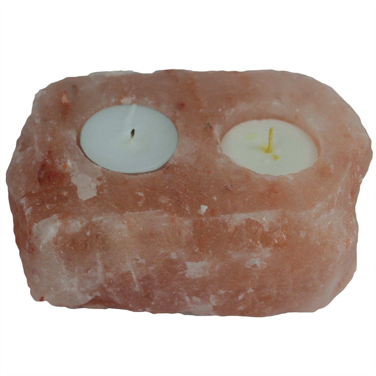 Portavelas de sal del Himalaya – Dual Tealight Delight piedra de sal rosa tallada a mano con dos velas tealight, decoración para el hogar