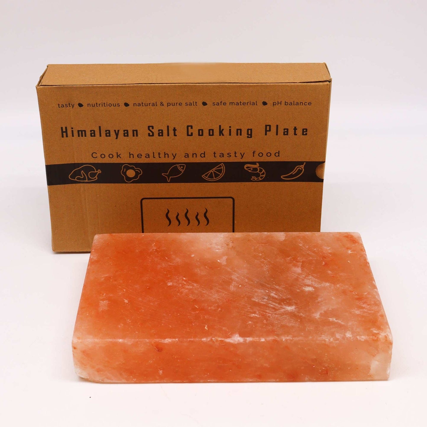 Himalayan Salt Cooking Plate – Rectangle (30 × 20 × 5 CM) rectangular salt block with branded box, kitchen grilling accessory