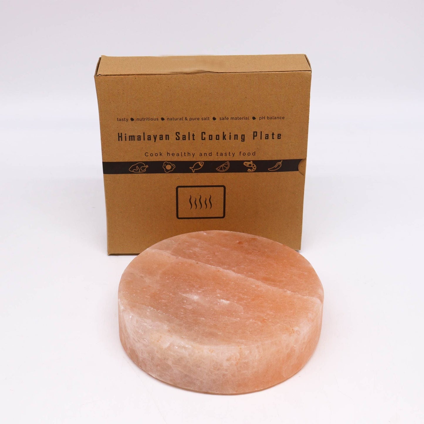 Alt Tag: Himalayasalt tillagningsplatta – rund (20 × 20 × 5 CM) rund rosa saltplatta för matlagning med märkt förpackning