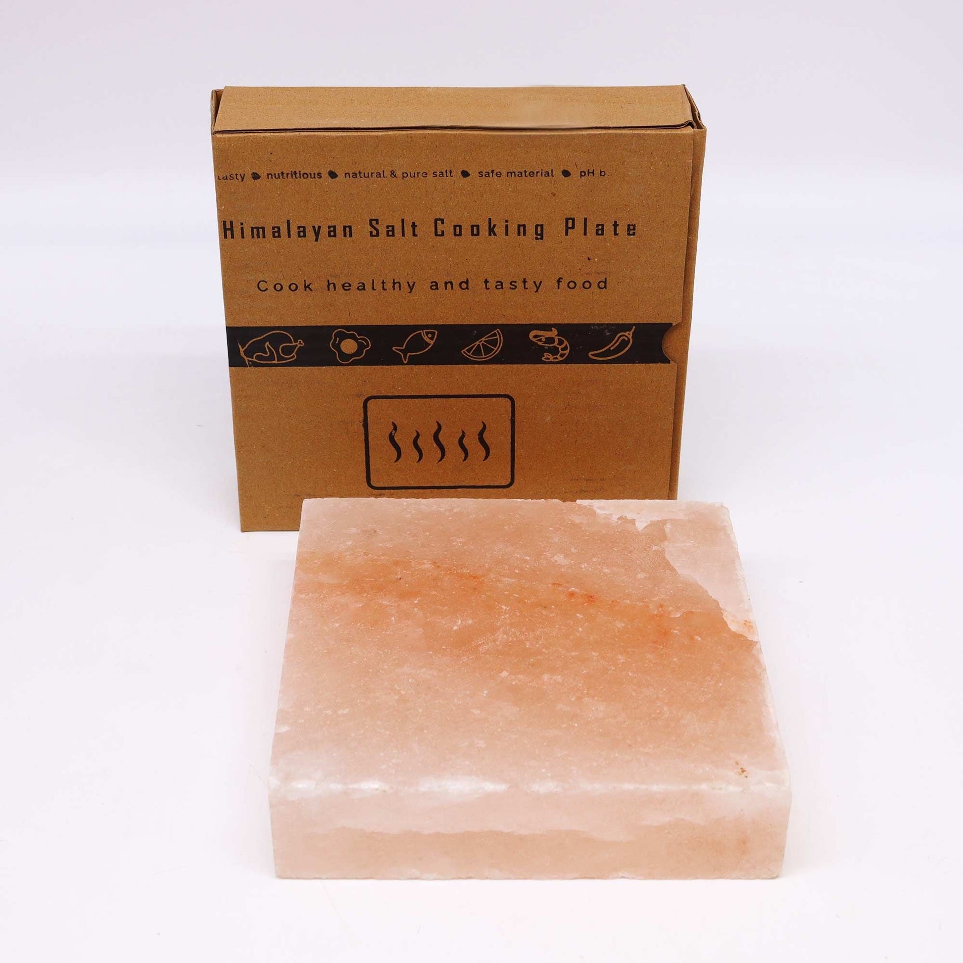 Alt Tag: Himalayan Salt Cooking Plate – Square (20 × 20 × 5 CM) salt cooking plate with packaging, hand-carved pink salt block