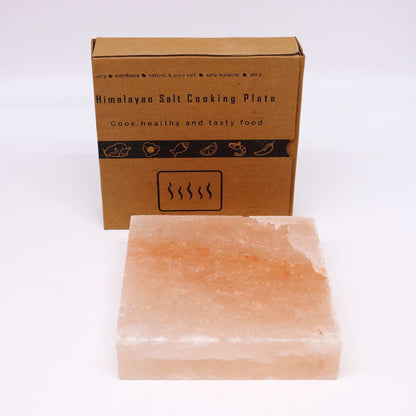 Alt Tag: Himalayan Salt Cooking Plate – Square (20 × 20 × 5 CM) salt cooking plate with packaging, hand-carved pink salt block