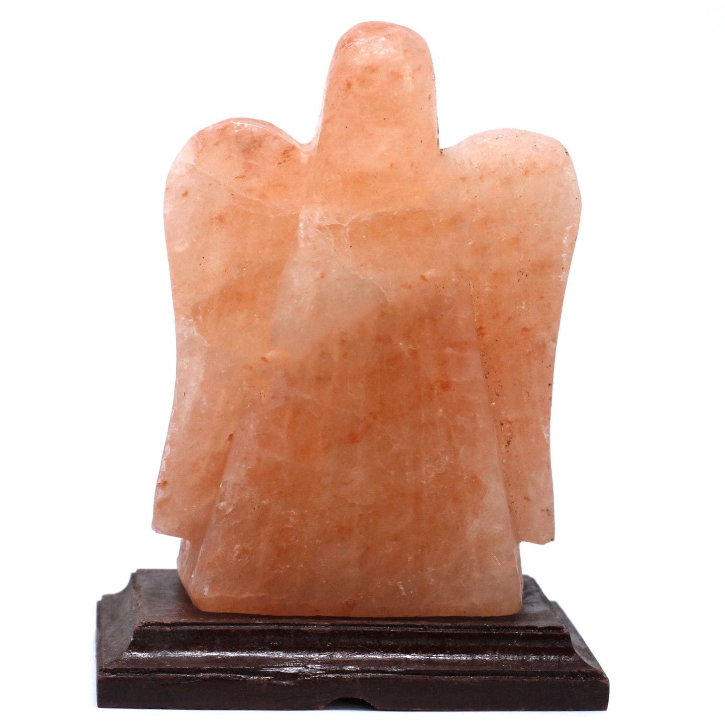 Himalayasaltfigur – Ängelform (8 × 13 × 18 cm) handskuren salt-kristallängel på träbas, varm rosa ton