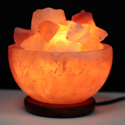 Salt Fire Bowl med saltbitar – 15 CM × 9 CM, Himalaya-saltskål med upplysta saltbitar, stämningsbelysning för heminredning