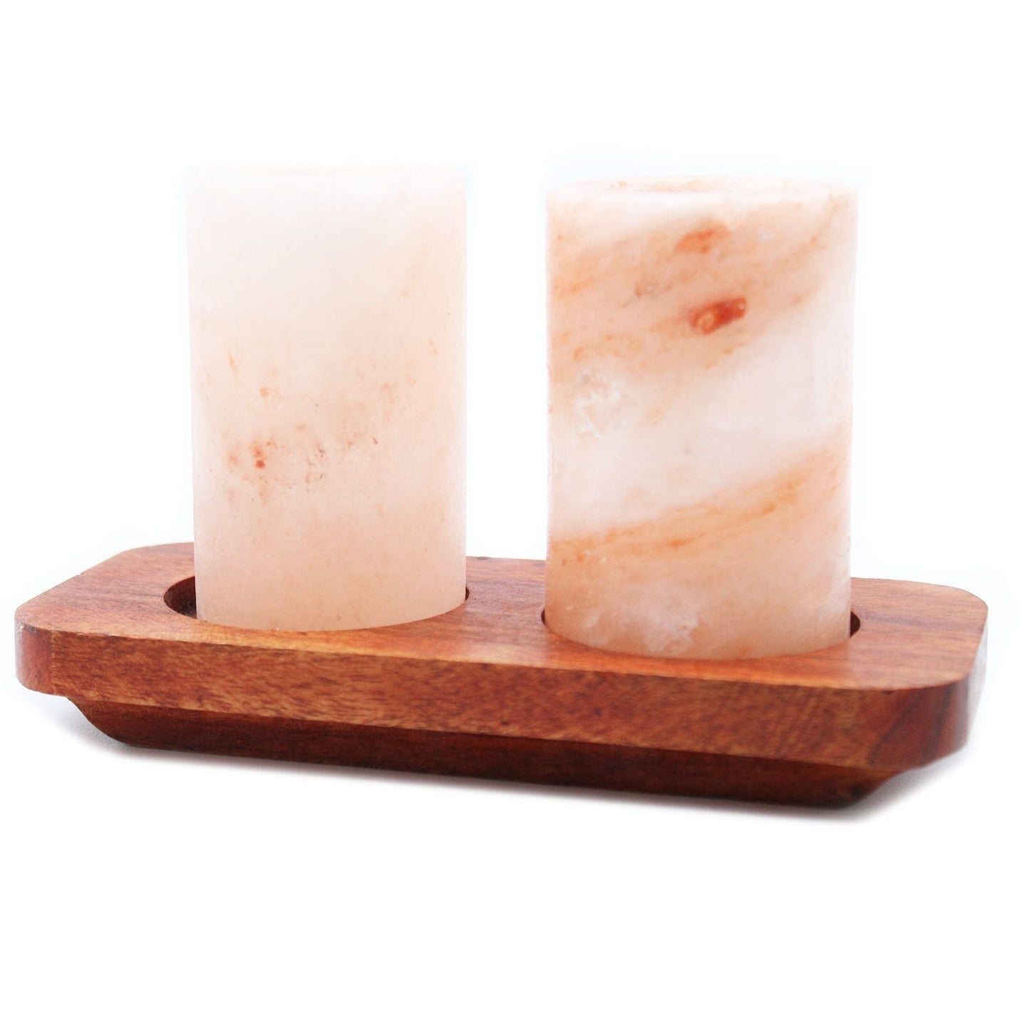 Himalaya salt shotglas – set med 2 med träställ, två rosa salt-shotglas i träställ-set