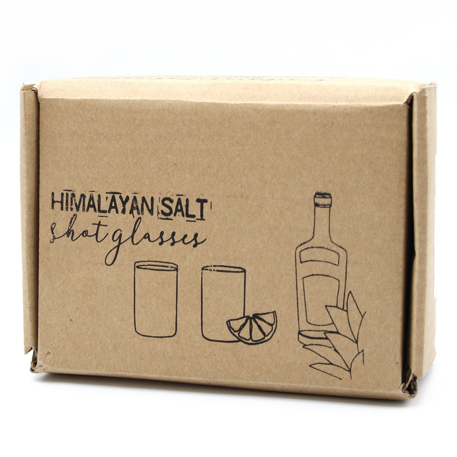 Alt Tag: Himalayan Salt shotglas – träställ set med 2 förpackningsbox med tryckta shotglas och flaskillustration