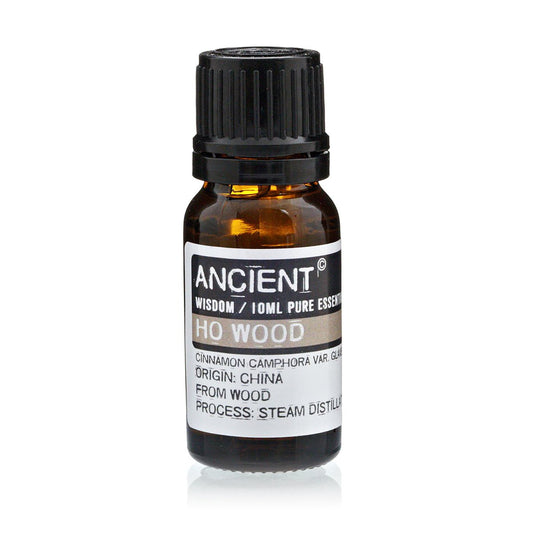 Alt Tag: Ho Wood Essential Oil – 10ML amber glass bottle with black cap, Ancient Wisdom label, steam-distilled ho wood essential oil
