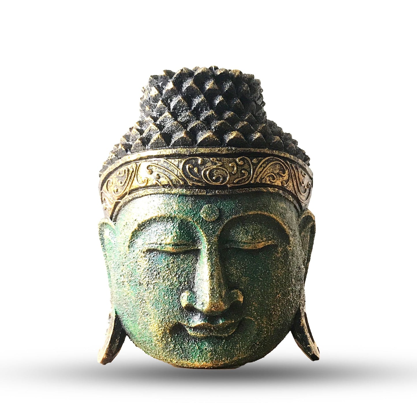 Home Decoration Buddha Head – 25 CM – Green Shine Finish, green Buddha head decor statue with serene face and ornate headband