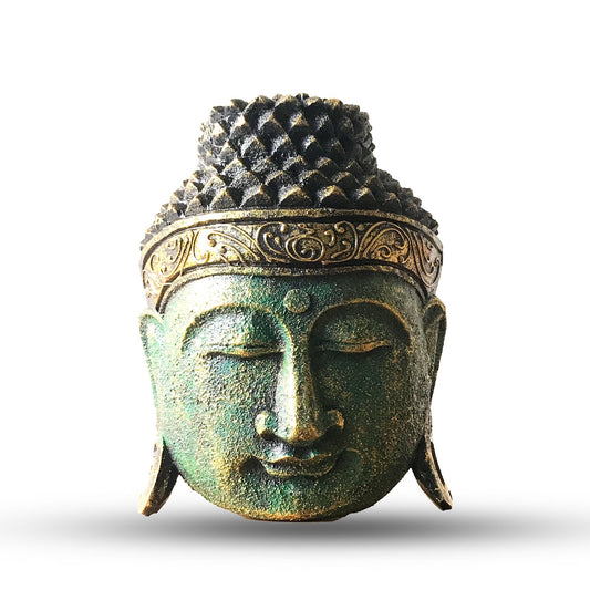 Wohndeko Buddha-Kopf – 25 CM – Grünes Glanz-Finish, grüne Buddha-Kopf-Dekostatue mit ruhigem Gesicht und kunstvollem Stirnband
