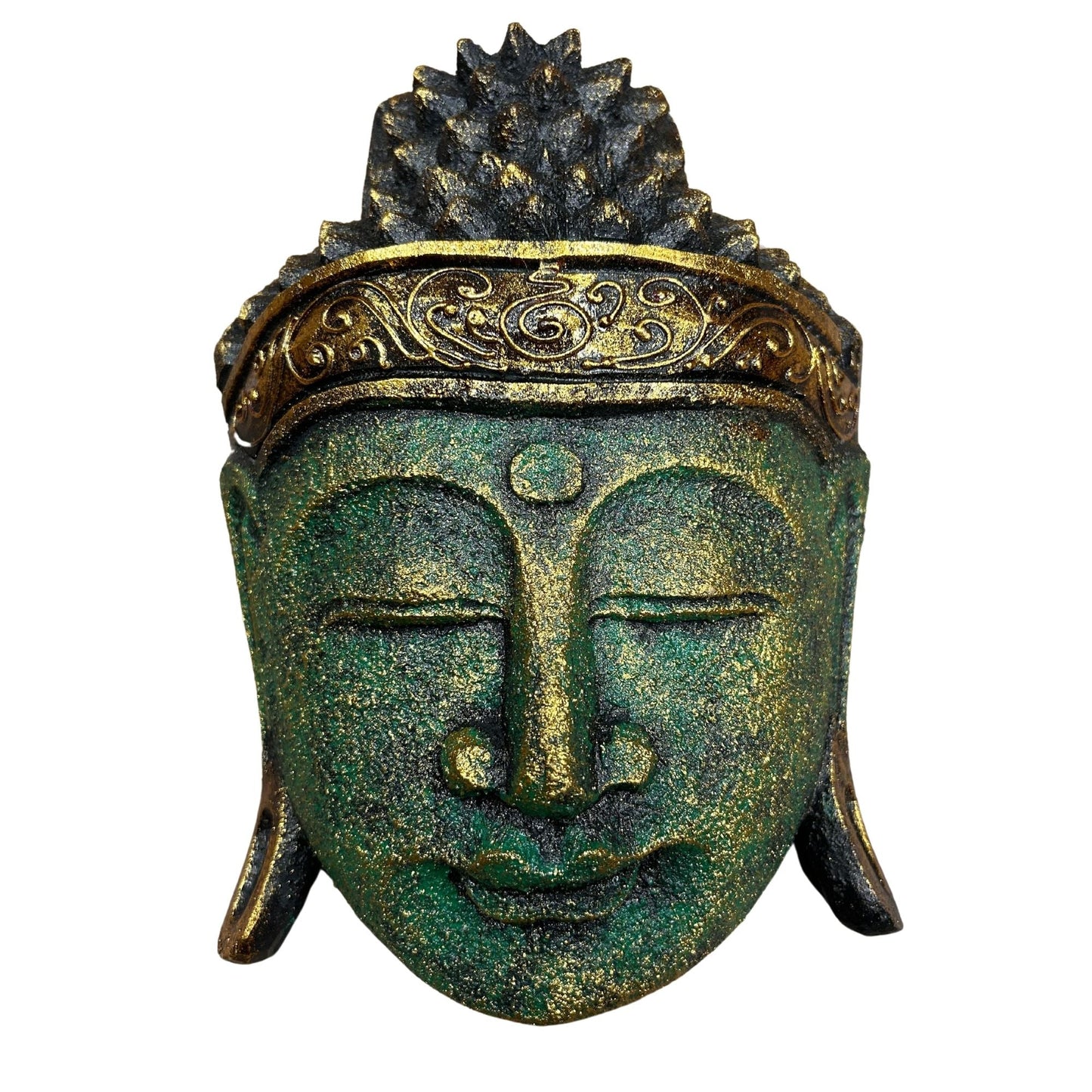 Home Decoration Buddha Head – 25 CM – Green Shine Finish, statue head decor with green glitter finish and gold crown details