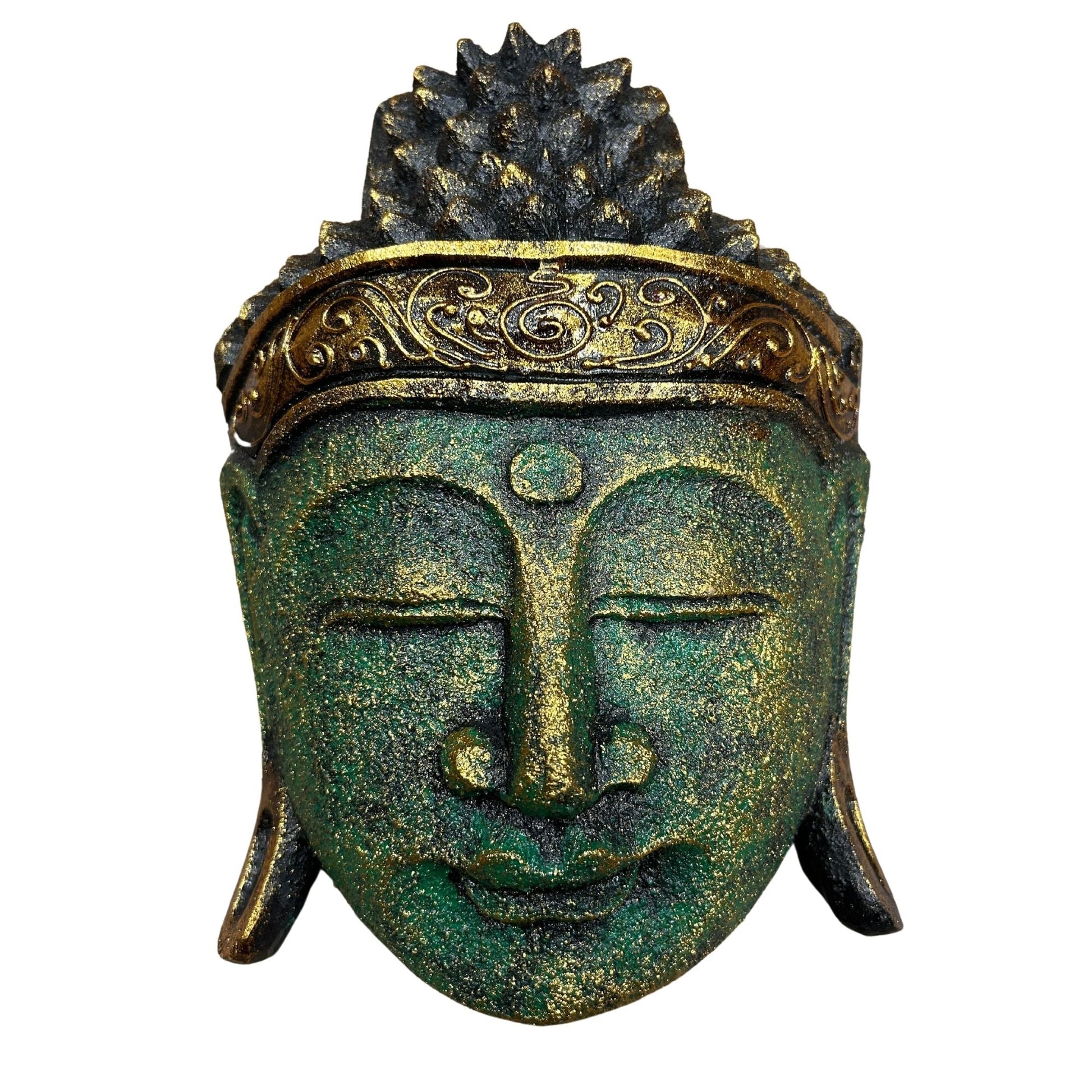 Home Decoration Buddha Head – 25 CM – Green Shine Finish, statue head decor with green glitter finish and gold crown details