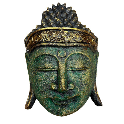 Home Decoration Buddha Head – 25 CM – Green Shine Finish, statue head decor with green glitter finish and gold crown details