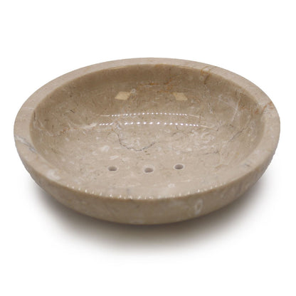 Alt Tag: Honey Marble Stone Soap Dish – 11.5x11.5 CM round honey-toned marble soap dish with raised base and drainage holes