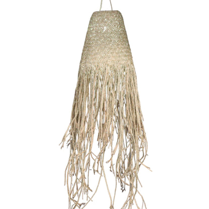Pantalla de lámpara colgante Hoorahgrass – 20x15CM, lámpara colgante artesanal tejida en Indonesia con Fimbristylis Miliacea y flecos